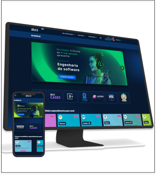 Um monitor e um celular com o alura plus aberto